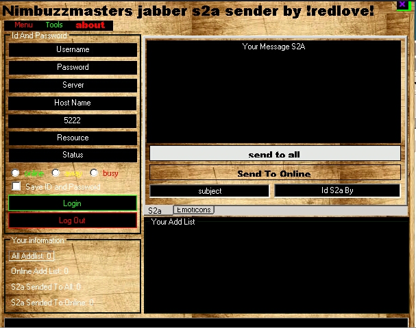 Nimbuzzmasters jabber addlist backuper and s2a sender  Nbm1