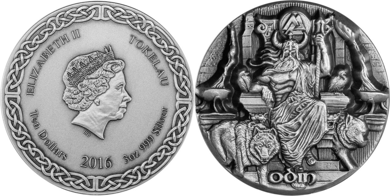 2 Dólares (Dios Odín). Isabel II. Serie: Vikingos. Dioses, Reyes y Guerreros. Niue. Scottsdale Mint/ Scottsdale (Arizona) EEUU. 2015. Tokelau_2016_l_gendes_dasgard_odin