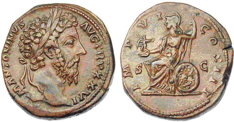 Sestercio de Marco Aurelio o Antonino Pío. Reverso tipo Roma sedente en escudo a izq. Image