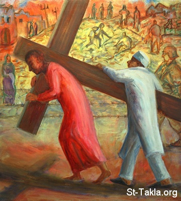 نتبع الرب في شركة آلامه Www-St-Takla-org__Man-Simon-Carrying-the-Cross-With-Jesus