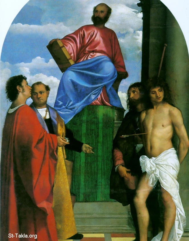كتاب ناظر الإله الإنجيلي مرقس الرسول القديس والشهيد - صفحة 2 Www-St-Takla-org--057-Titian-St.-Mark-Enthroned-with-Saints-1510-Santa-Maria-della-Salure-Venice-Italy