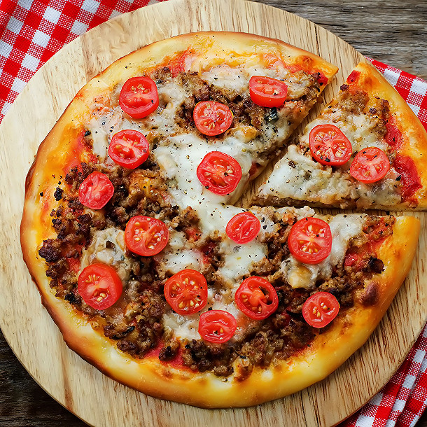 Pizza steaks hachés et tomates et mozzarelle I90037-pizza-steaks-haches-tomates-et-mozzarella