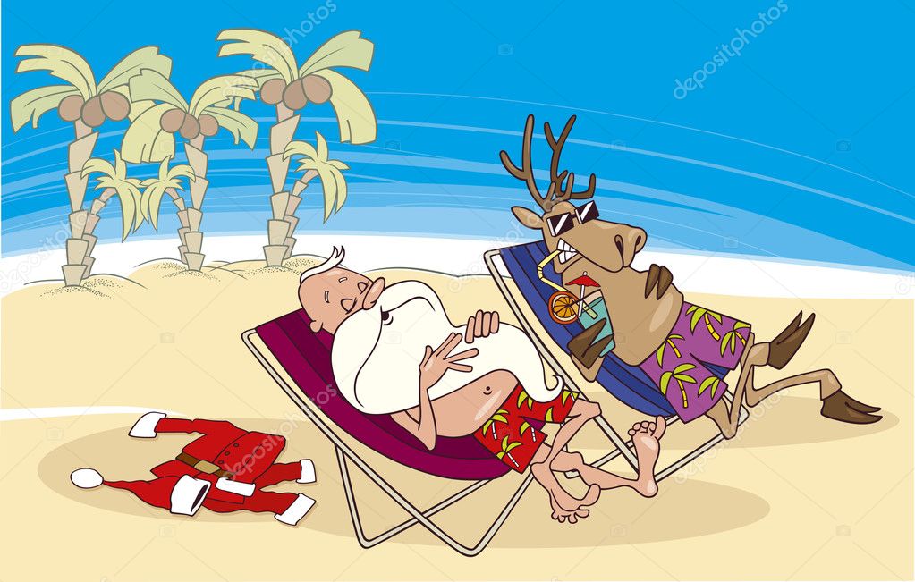 Vacancier mystère 2016 : Les pères noël prennent des vacances ! Depositphotos_4444193-Santa-and-reindeer-having-a-rest-on-the-beach