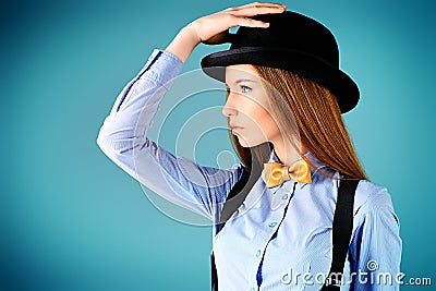 Bow Tie Images Sophistication-elegant-girl-model-poses-blouse-bow-tie-bowler-hat-refined-style-old-europe-39639982