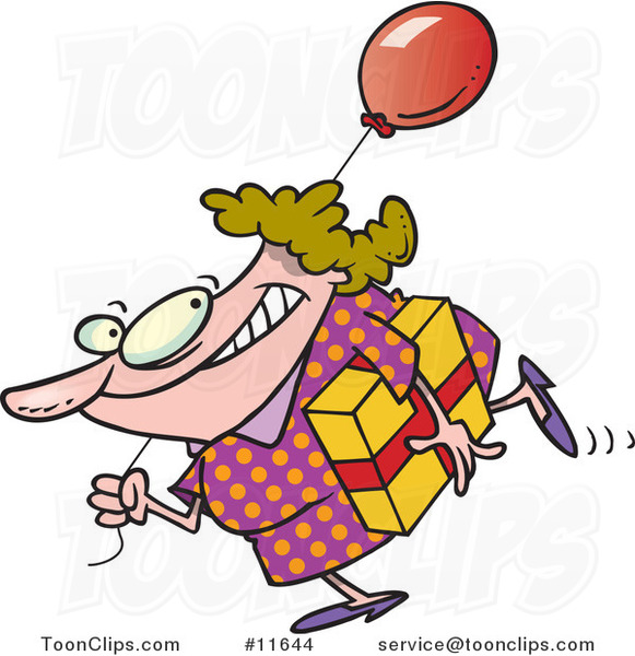 Images de nombres - Page 3 Cartoon-birthday-girl-in-a-polka-dot-dress-carrying-a-present-and-balloon-by-ron-leishman-11644