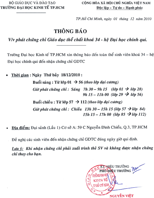 Thông báo về việc phát chứng chỉ Giáo dục thể chất khóa 34 - hệ Đại học chính quy PhatchungchiGDTC(1)