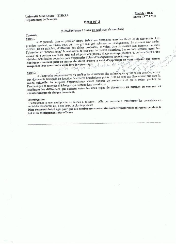 [ didactique des langues étrangères ] Biskra EMD 2 ( 3eme année )   langue et littératures français Fra-3an-emd2-dle1