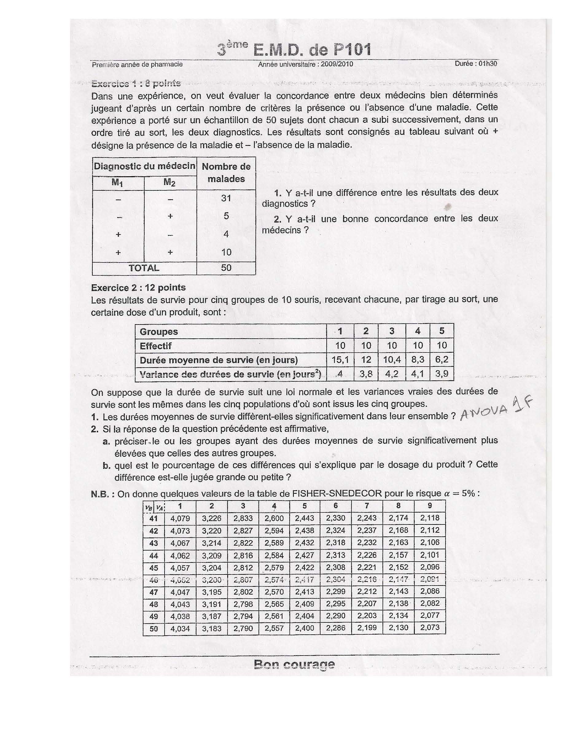 [ mathématiques-biostatistique-informatique ] 2009/2010 Tlemcen EMD 3 ( 1ere année ) Phar-1an-emd3-stat1