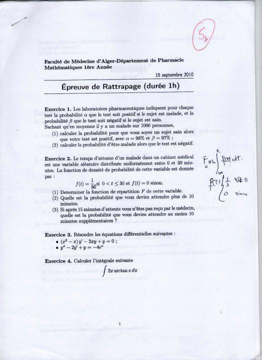 [ mathématiques-biostatistique-informatique ] 2009/2010 Alger rattrapage ( 1ere année ) Phar-1an-ratr-math1