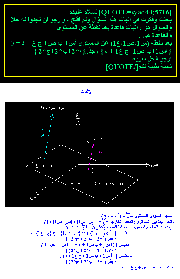 اوجد معادلة المستوي المار بالنقطة  (P0( 2 , -3 , 1 ويكون عموديا علي المستقيم الواصل بين النقطتين (P1( 3 , 4 , -1 67012