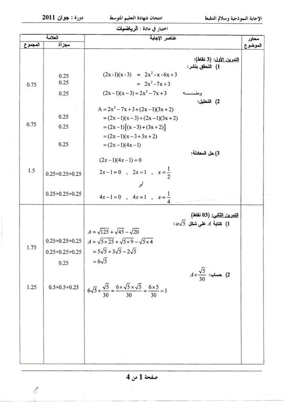 الاجابة النموذجية لاختبار الرياضيات دورة جوان 2011 وفق وزارة التربية و التعليم 13082719121