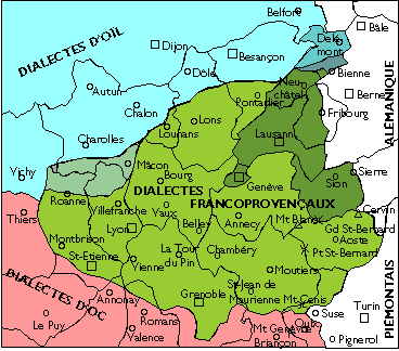 Zone de diffusion de la LANGUE ARPITANE. Francoprov