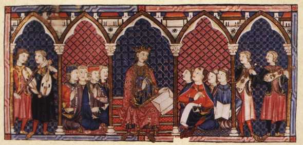 AAR HISPANIA 1200  King-Alfonso-X-El-Sabio-in-his-court-as-depicted-in-a-13th-century-illumination-in-the-Cantigas-de-Santa-Mari%cc%81a-E-Codex