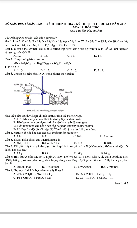 Đề Thi Thử Môn Hóa THPT H1