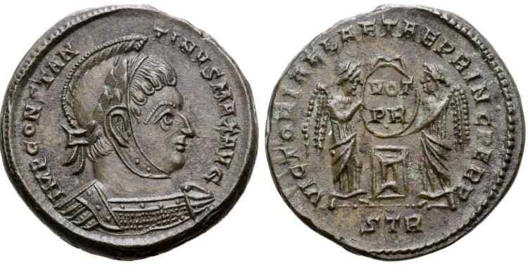 AE3 de Constantino I. VICTORIAE LAET PRINC PERP. Trier _trier_RIC_vII_213_plain