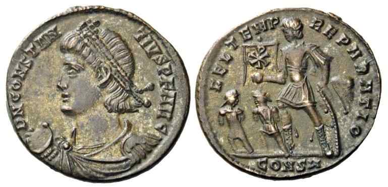 AE2 de Constancio II. FEL TEMP REPARATIO. tipo "emperador y cautivos". Constantinopla _constantinople_RIC_viii_084