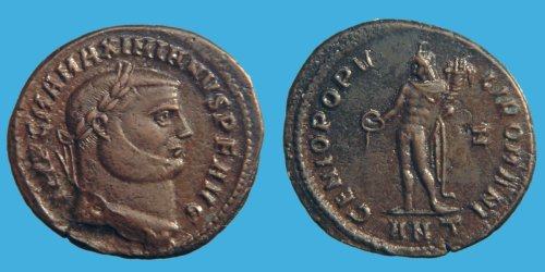 Nummus o follis de Maximiano Hércules. GENIO POPVLI ROMANI. Antioquía _antioch_RIC_VI_052b