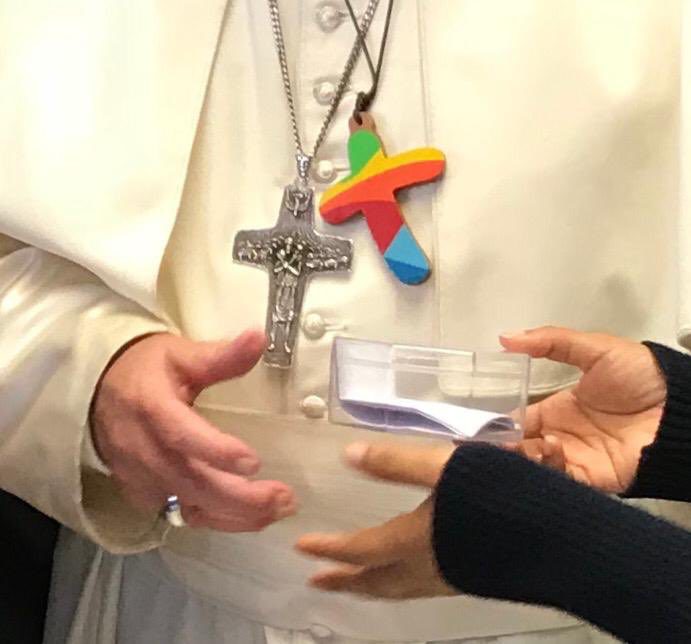 Pope Francis wears ‘rainbow’ cross during Youth Synod:SQ-AT LEAST THIS ENTITY IS SHOWING HIS TRUE COLORS!  Cross-of-WYD