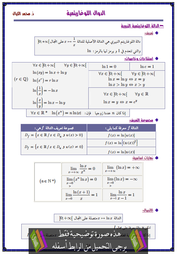 درس الرياضيات: الدوال اللوغاريتمية – Adawal-logharitmiya-zi