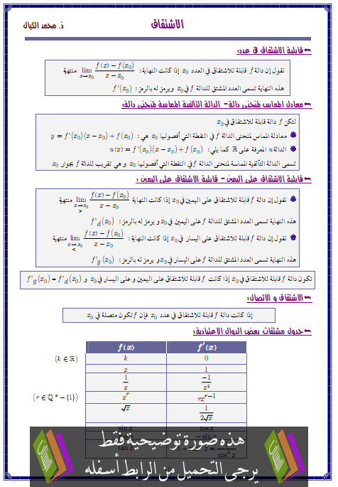 درس الرياضيات: الاشتقاق للمستوى التعليمي الثانية باكالوريا مسلك العلوم والتكنولوجيات الكهربائية Alichtikak-elic1
