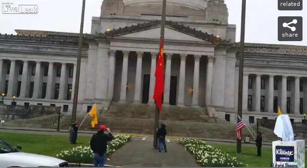 IN YOUR FACES NOW!!!!! Washington State Flies Chinese Communist Flag At State Capitol - US Patriots Come Out And Take It Down, Assisted By Law Enforcement Cftd