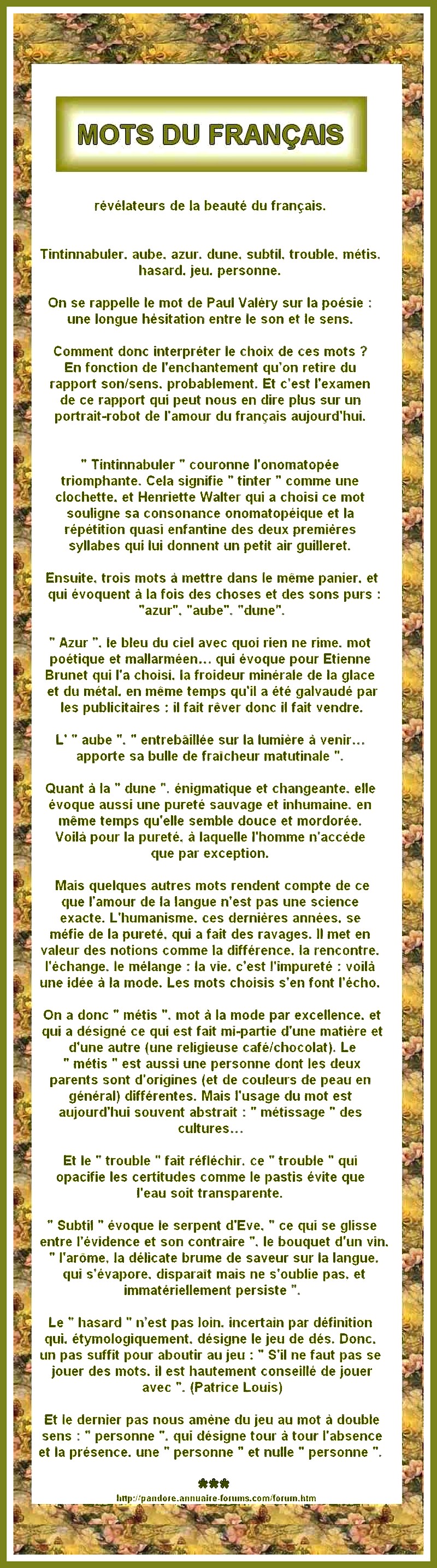 MOTS DE FRANCAIS : DUNE, AUBE, METIS ... ET PERSONNE 13109762804b141223e34c322