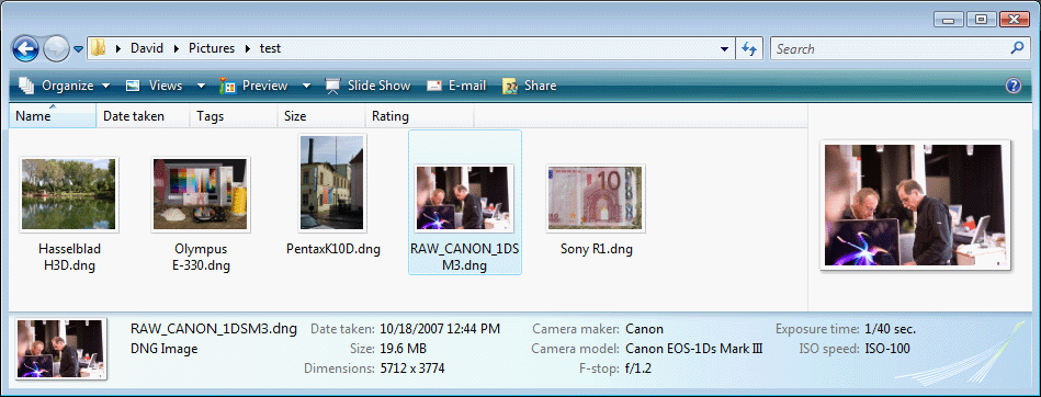 DNG Thumbnail and Preview Support Provided for Windows Vista ScreenshotShell