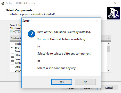 Hier ist die "All in One" Version des Birth of the Federation Installers Version 1.0.1 Warn