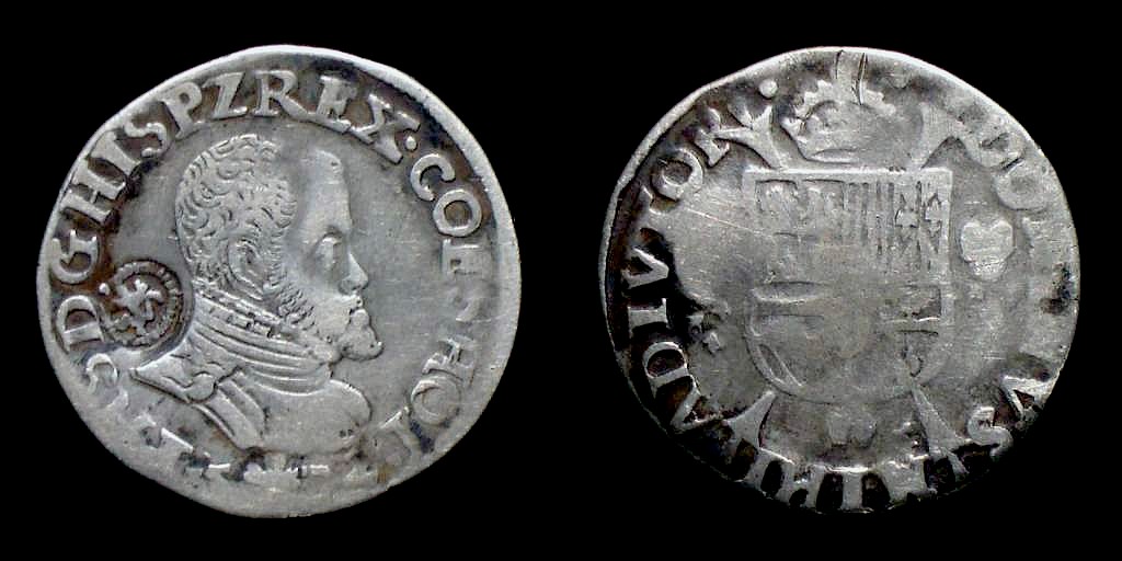 IMPERIO ESPAÑOL - 1/5 de Escudo de Felipe II (Dordrecht, 1572) con resello (1573-1574) Phil1572