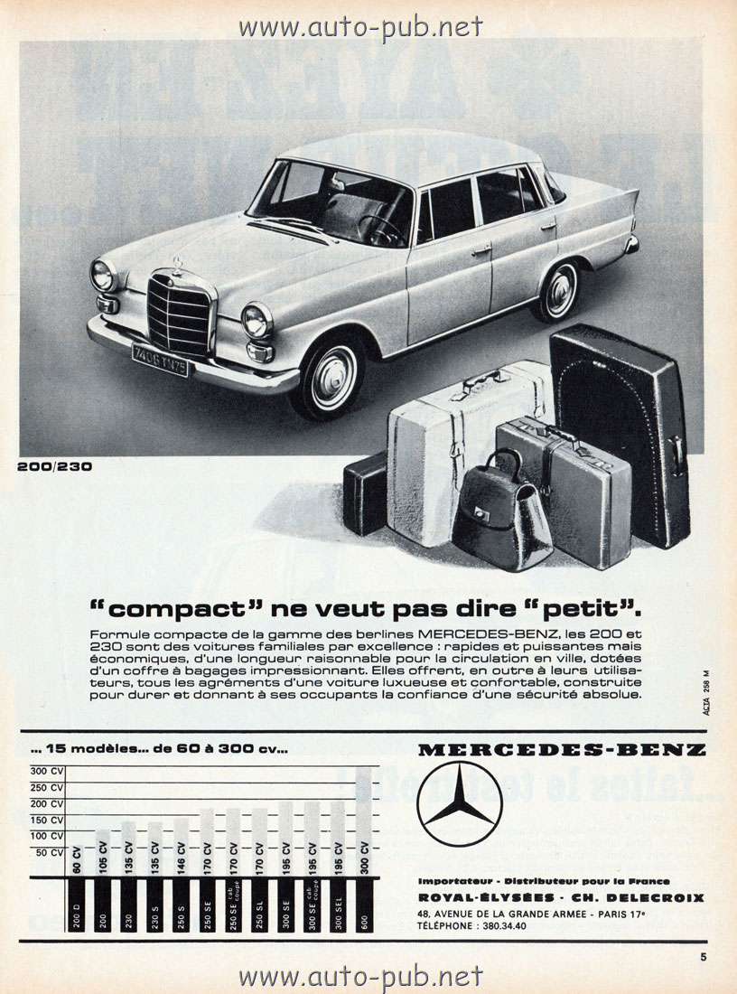 (W110): Publicidade francesa modelos 200 e 230 Mercedes-grand-coffre