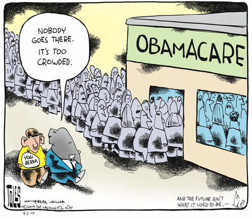The administration's original goal of 7 million signups has been exceeded by the deadline Obamacare-too-crowded-toles