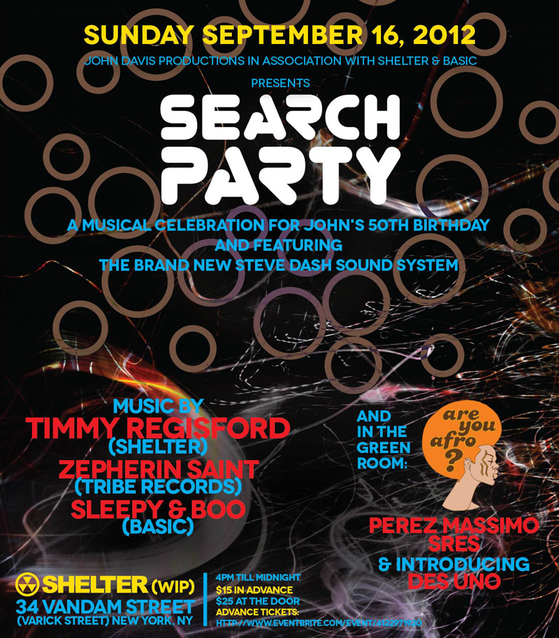 9/16 Search Party - Timmy Regisford / Sleepy & Boo / Zepherin Saint @ Shelter Searchparty091612