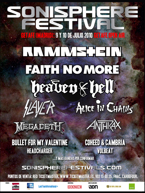 Sonisphere 2010 (Faith No More, Rammstein, Alice In chains, Slayer, Megadeth, se caen Anthrax y Heaven and Hell) Cartel