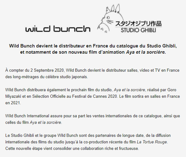 Wild Bunch devient le distributeur français des films du studio Ghibli 20200911-wild-bunch-communique