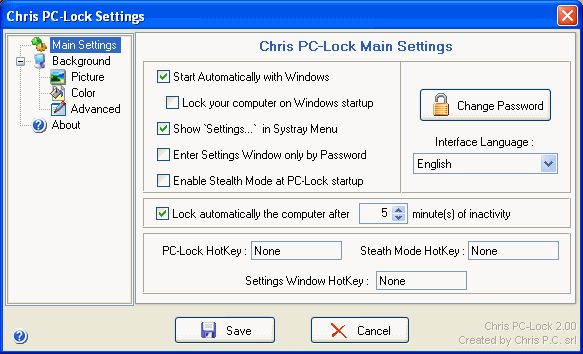 Chris PC-Lock v2.80 Main_settings