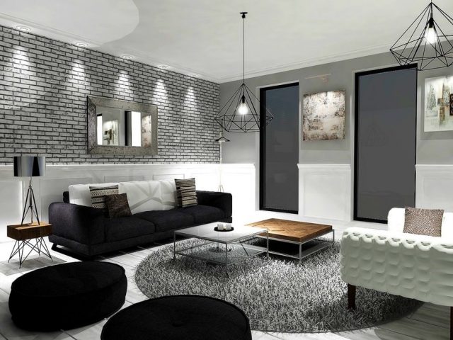 ديكورات باللون الرمادي Salon-deco-gris-noir-et-blanc-classique-chic-640x480