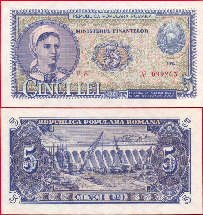  2000 lei Rumanía, 1941 Bancnota-5-lei-1952-serie-rosie