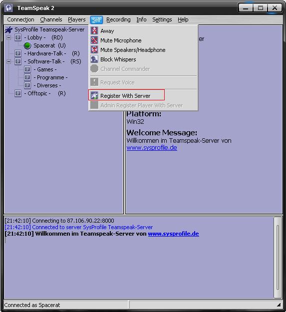 Teamspeak herunterladen und anmelden! Connected_self_register