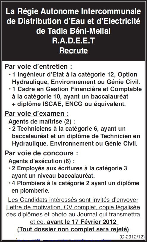 الوكالة المستقلة لتوزيع الماء و الكهرباء لتادلة بني ملال: توظيف مهندس دولة و إطار مالي و تقنيين اثنين و 6 أعوان خدمة. آخر أجل هو 17 فبراير 2012 Beni.201212318550