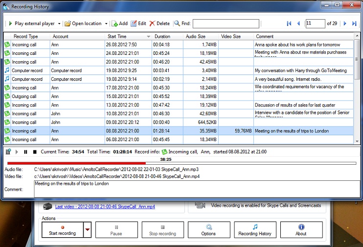 برنامج Amolto Call Recorder لتسجيل مكالمات سكايب History1