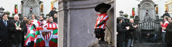 La afición del Athletic viste al famoso Manneken Pis de rojiblanco Combo