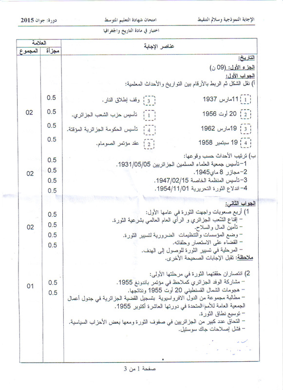  التصحيح النموذجي والحل لموضوع التاريخ و الجغرافيا لشهادة التعليم المتوسط 2015 5728097_orig