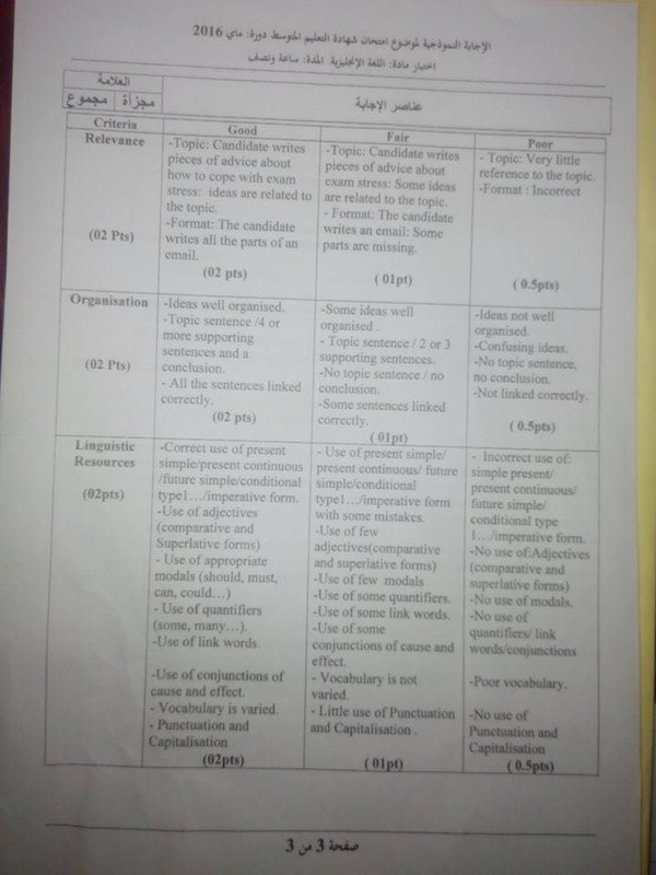 التصحيح النموذجي لموضوع اللغة العربية شهادة التعليم المتوسط 2016 - التصحيح النموذجي لموضوع اللغة الانجليزية شهادة التعليم المتوسط 2016 6143907_orig