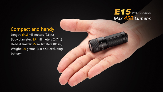 Fenix E15 2016 Edition High-performance EDC flashlight Max 450 Lumens compatible with one 16340 Li-ion battery and CR123A 2015111215173173122