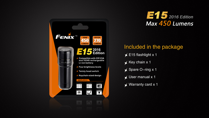 Fenix E15 2016 Edition High-performance EDC flashlight Max 450 Lumens compatible with one 16340 Li-ion battery and CR123A 2015111215174431264