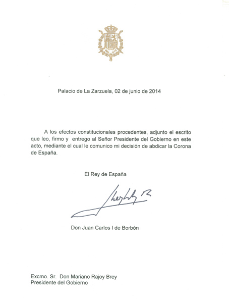 Carta de S.M. El Rey al Presidente del Gobierno, D. Mariano Rajoy Brey Cartaabdicacion2