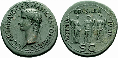 Coiffures et portraits des impératrices Caligula_sesterce_3_soeurs