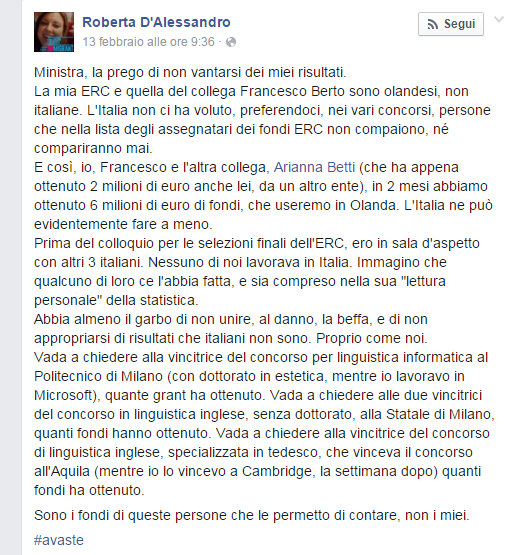 Ricercatrice italiana all'estero risponde per le rime al ministro Roberta-dalessandro