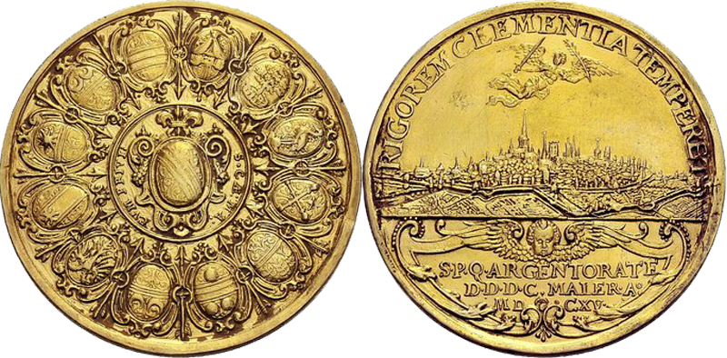 10. Médaille de Strasbourg, par V. Maler. Ecu et vue de la ville, 1615 Stb1615VMaler