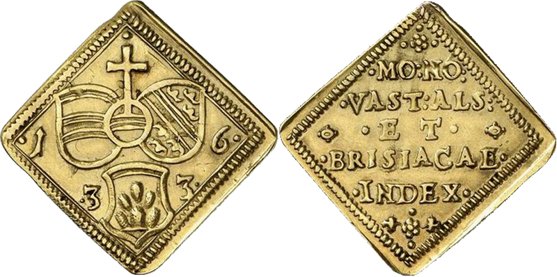 30. Dukat (48 Kreuzer) "Goldgulden Klippe" 1633 aux 3 écus et orbe. Siège de Brisach par les Suédois (3.08-16.10 1633), Guerre de Trente Ans Or3